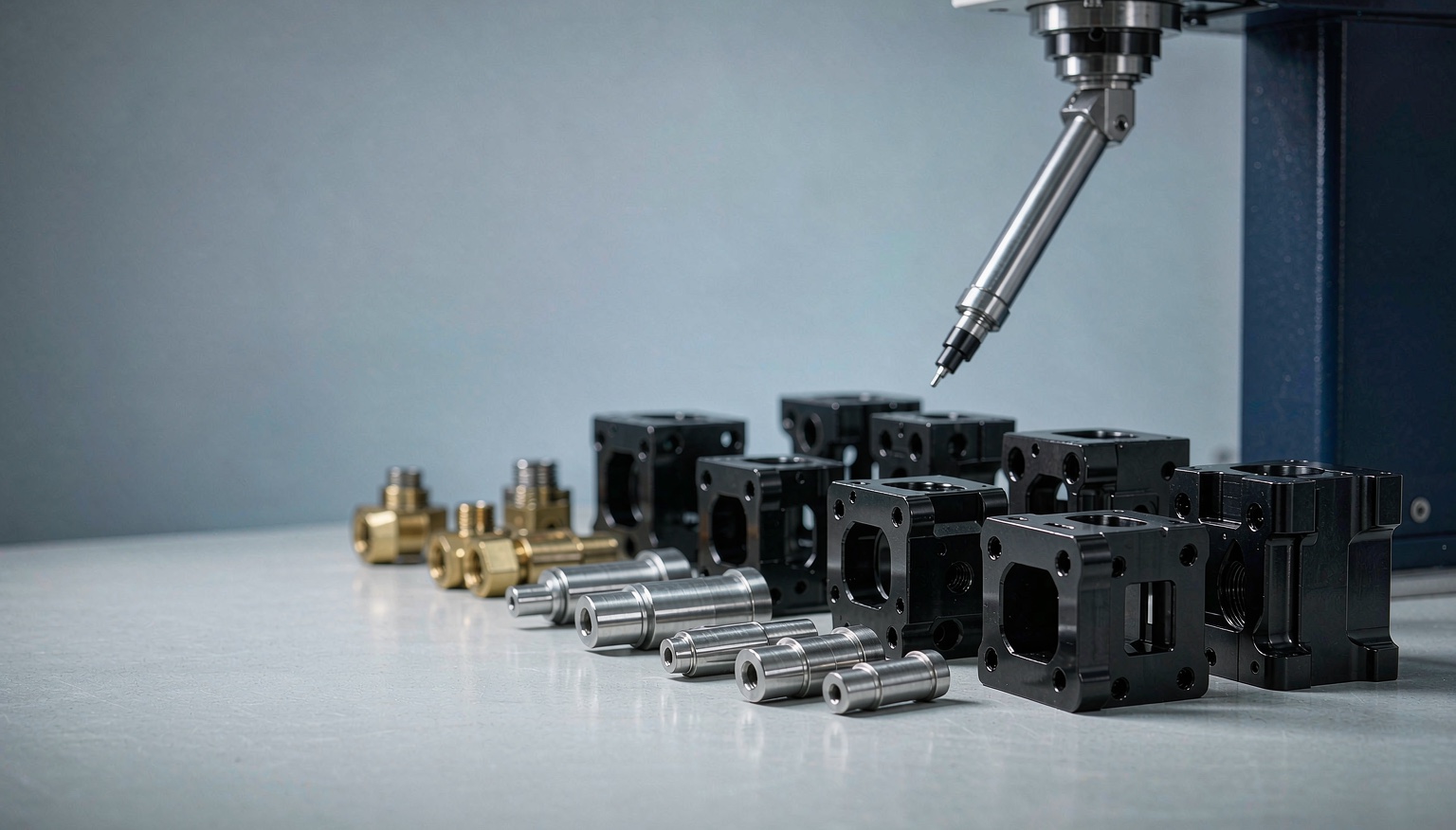 CMM probe inspecting black anodized aluminum and brass CNC machined parts