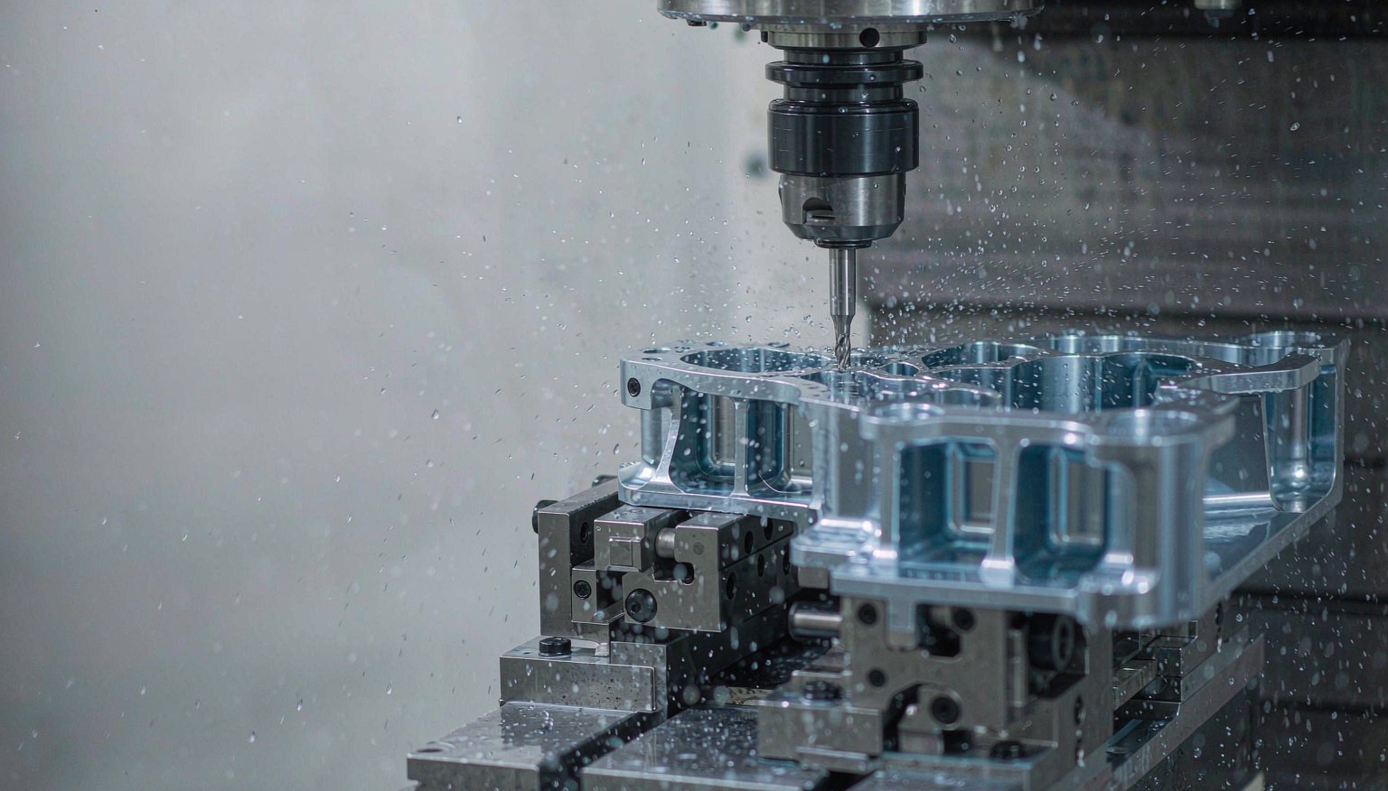 5-axis CNC milling machine cutting an anodized aluminum part with coolant