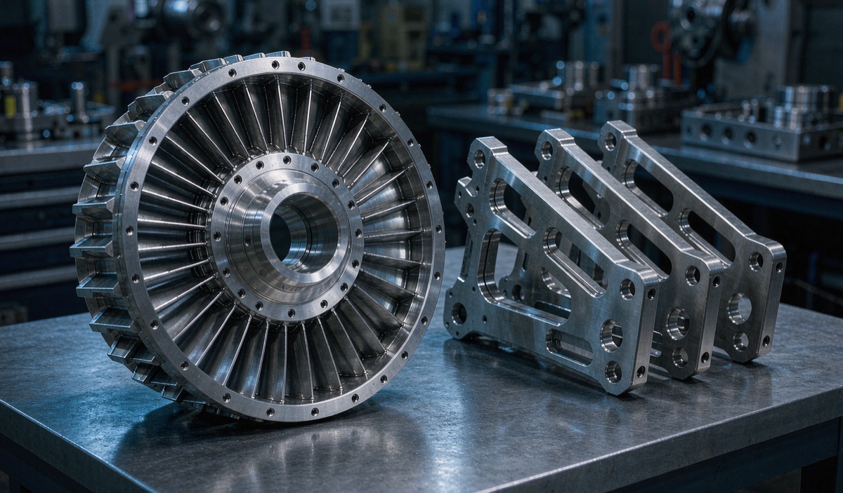 Precision CNC machined aerospace parts: turbine disk and titanium structural brackets