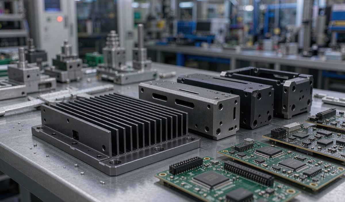 CNC machined electronics components: aluminum heat sinks, enclosures and connector housings