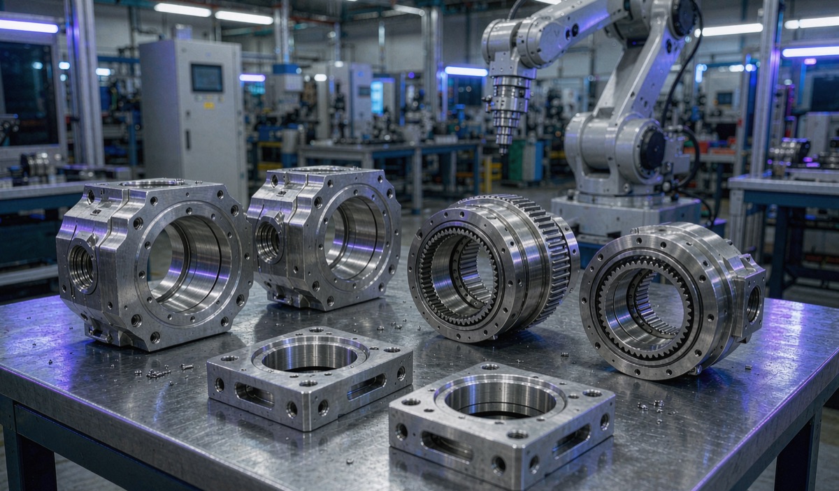CNC machined robotic arm components: joint housings, harmonic drive gears and end-effector brackets