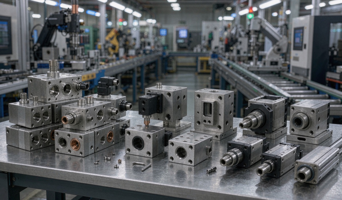CNC machined industrial automation parts: pneumatic valve bodies, sensor housings and linear motion components