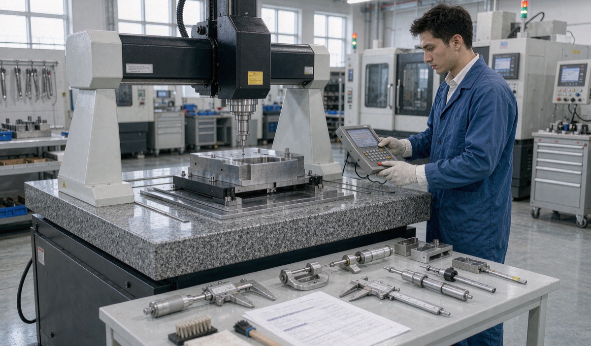 Quality control inspection of CNC machined parts with CMM, micrometers and inspection report