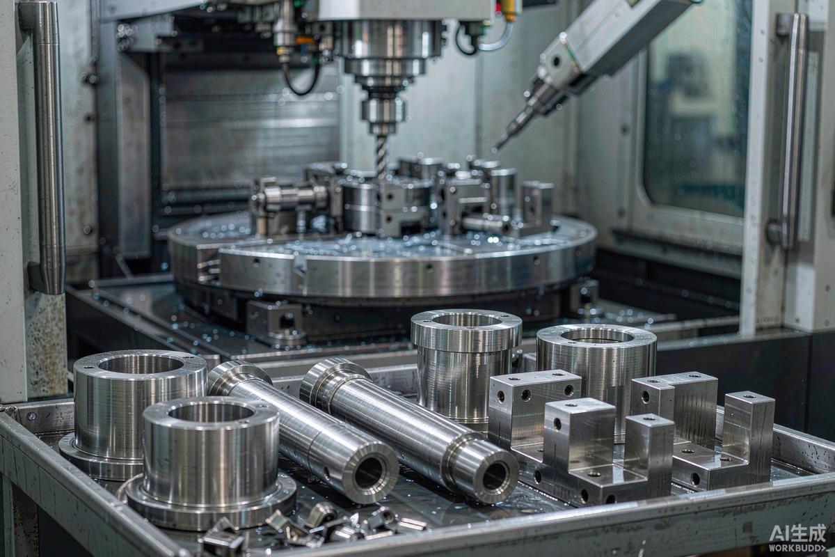 CNC machined aluminium and stainless steel precision parts on a tray in a machine shop