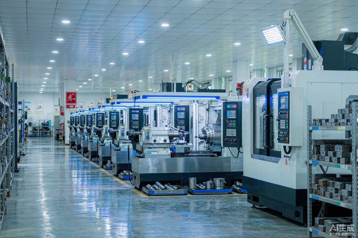 Clean precision machining factory floor in Ningbo China with CNC lathes and inspection station