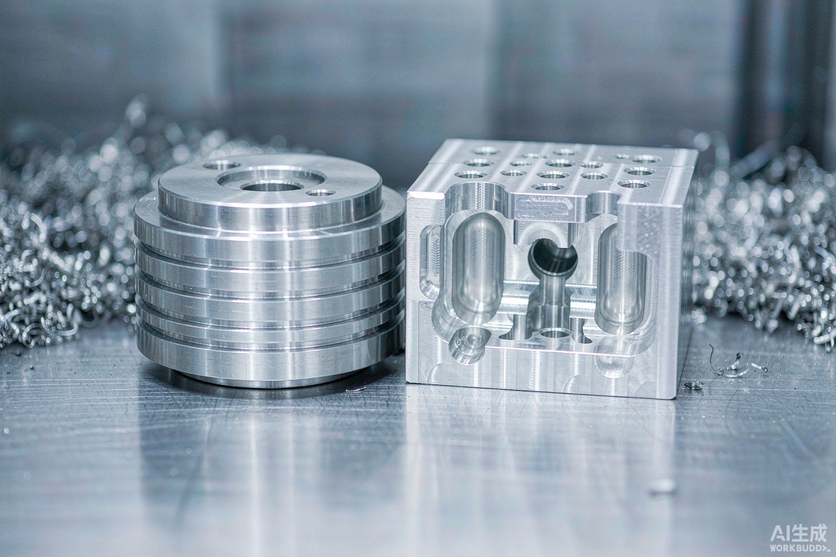 CNC turned stainless steel shaft next to a CNC milled aluminium block with pockets