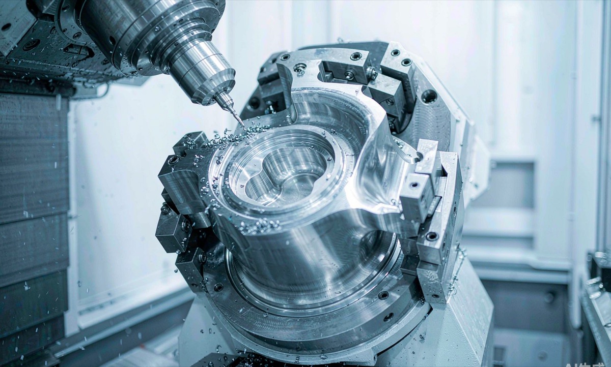 Five-axis CNC machining centre milling a complex aluminium aerospace part