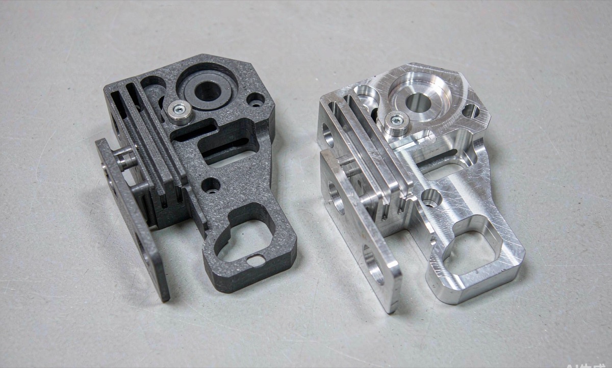 SLS 3D printed nylon bracket beside a CNC machined aluminium version of the same part