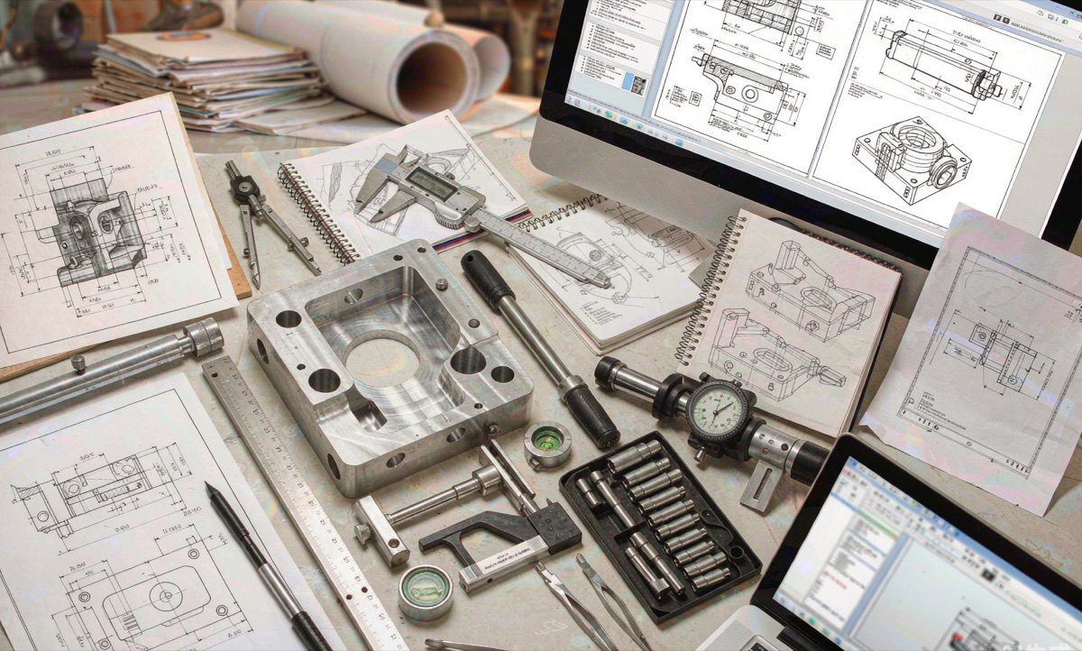 Engineering drawing, machined aluminium part and measuring tools prepared for a quotation
