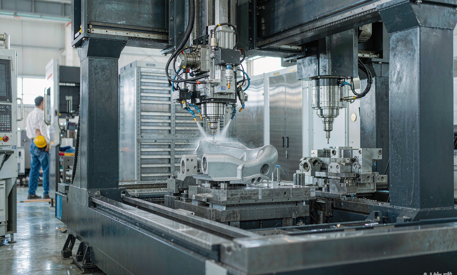 5-axis CNC machining center milling a titanium aerospace bracket
