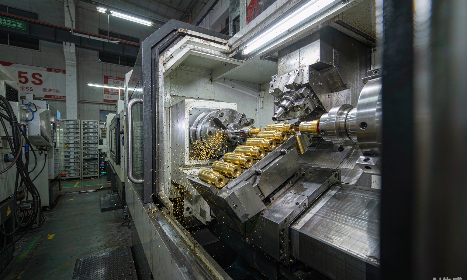 CNC turning lathe machining brass fittings with golden chips in Renjiu workshop