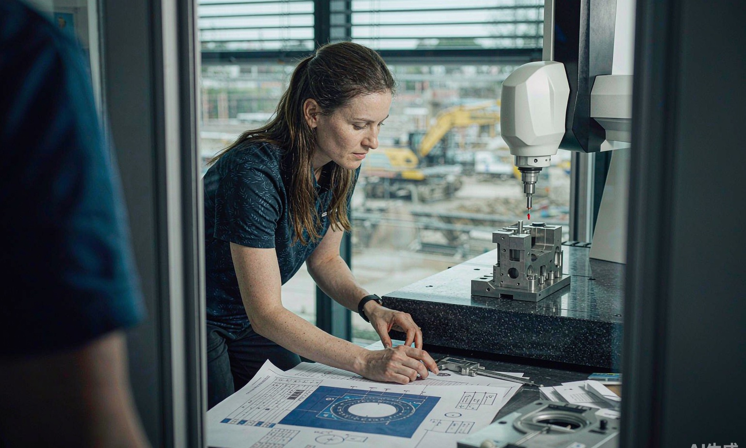 Quality engineer checking GD&T symbols on a CNC machining drawing beside CMM