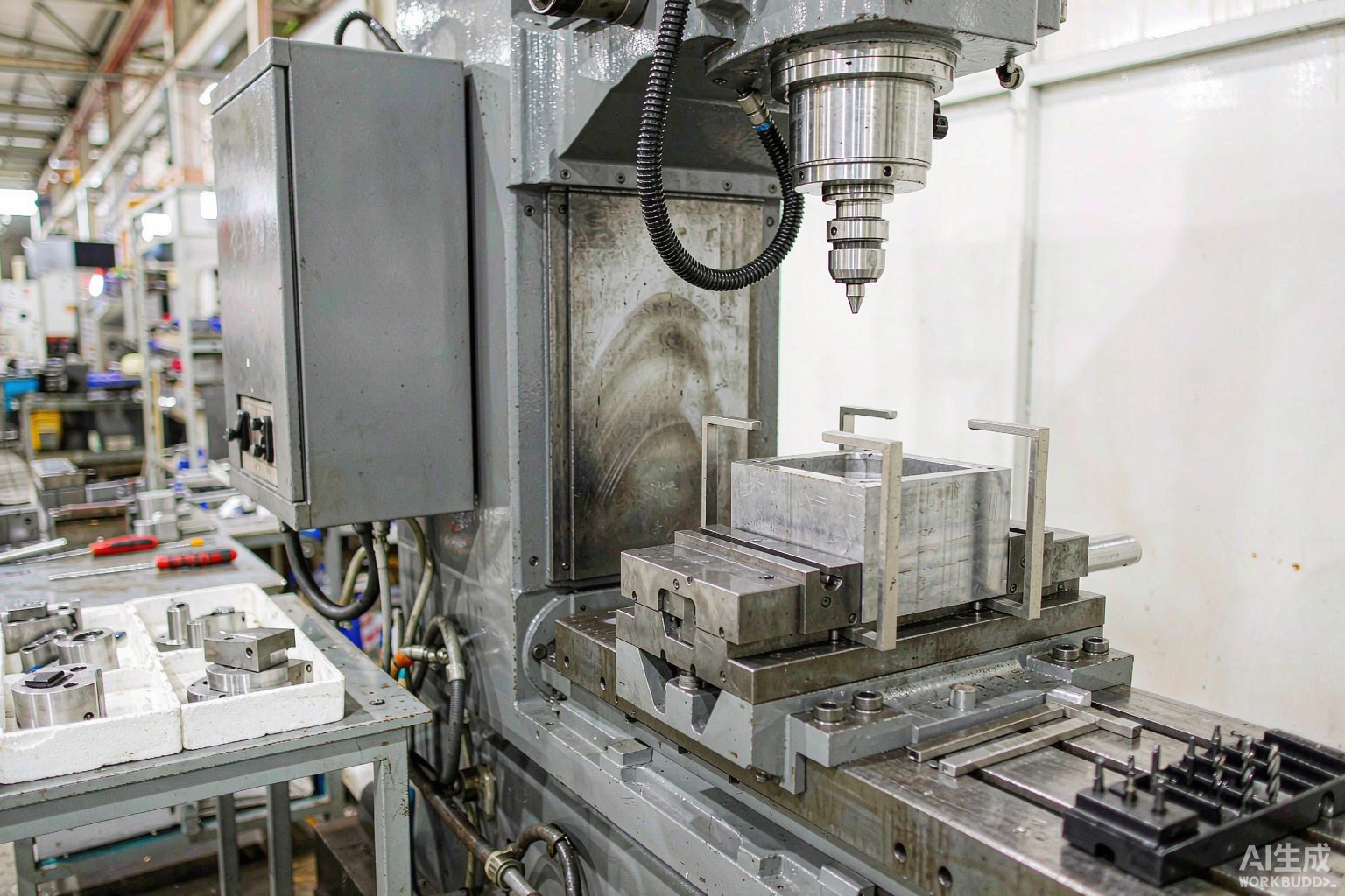 Machinist clamping an aluminium housing blank into a vise fixture on a 4-axis CNC machining centre - the setup before the cutting is what setup cost pays for