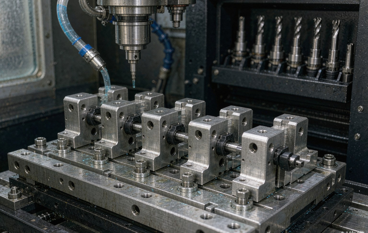 A multi-part aluminium milling fixture bolted to a CNC machining centre table, holding six identical machined brackets with toe clamps and locating pins