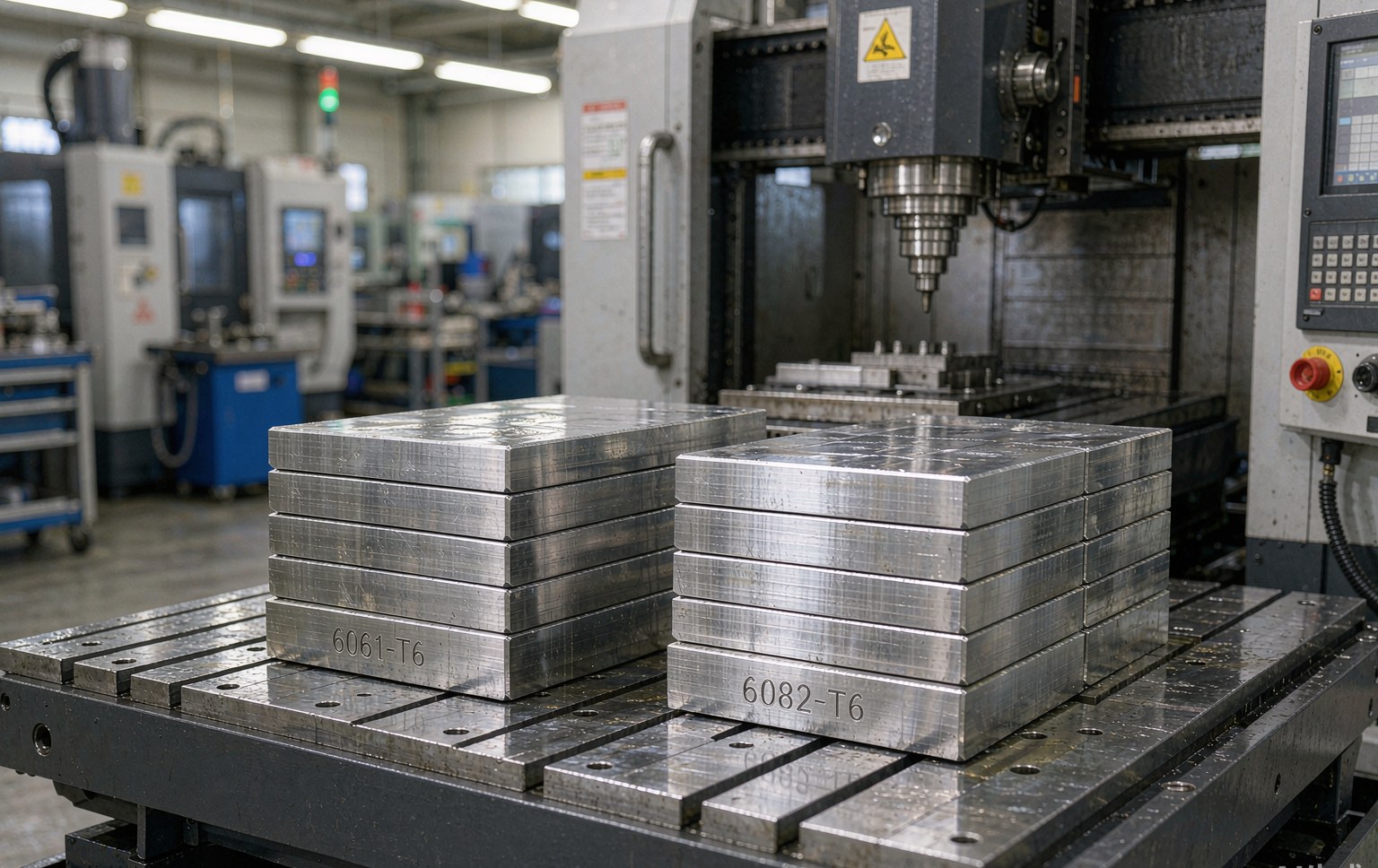 Machined aluminium blocks labelled 6061-T6 and 6082-T6 on a CNC workbench