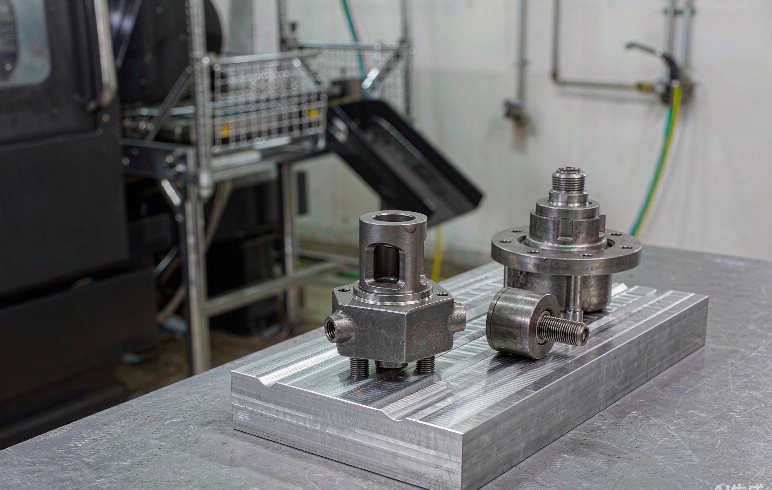 CNC machined 17-4 PH stainless steel valve body, threaded shaft and sensor housing on a fixture plate