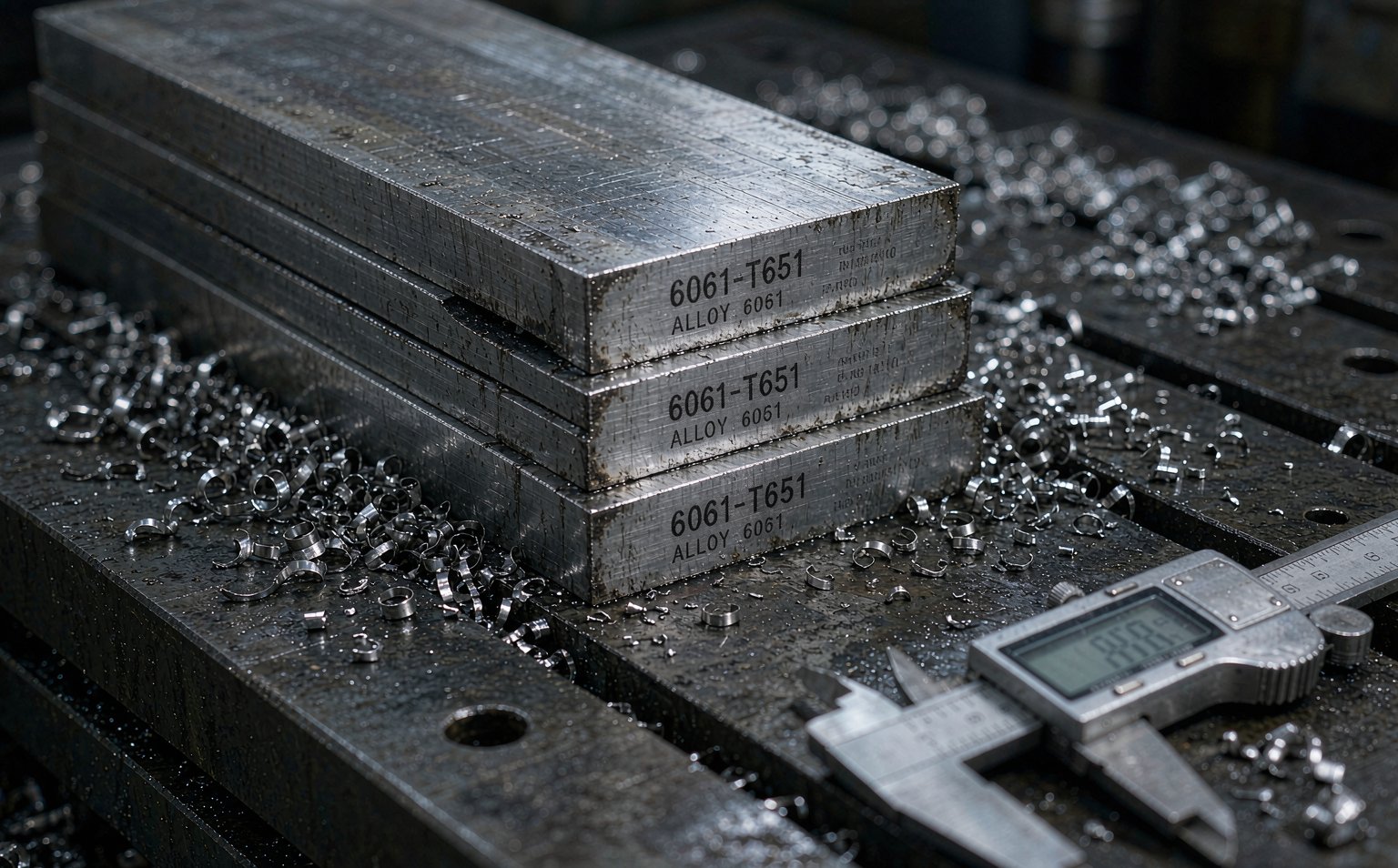 Stack of 6061-T651 aluminium plate blocks end-stamped ALLOY 6061 on a CNC machine table with aluminium chips and a digital caliper